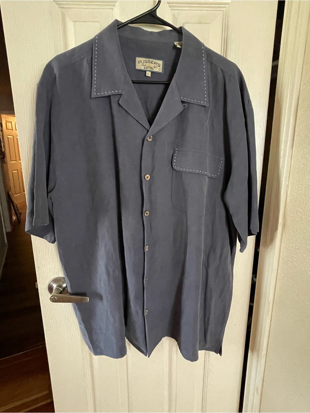 Pusser’s Men's Navy Short-Sleeve Silk and Linen Button Down size large